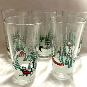5 Winter Scene.. Holiday highballs. Vintage, KIG Indonesia. 6” tall 3” wide.